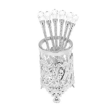 CJ 6 COLHERES C/SUPORTE DE ZAMAC NIQUELADO CRISTAL 14cm