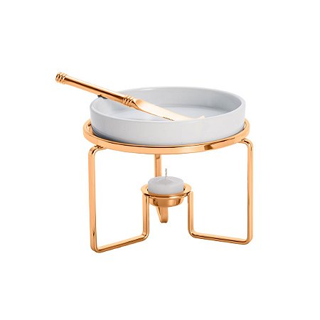 RECHAUD DE PORCELANA P/QUEIJO C/FACA E SUPORTE DE AÇO ROSE 14X12cm