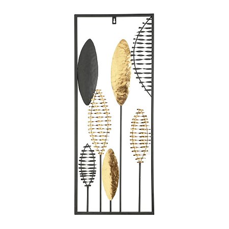 QUADRO DECORATIVO METAL FOLHAS PRETO/DOURADO 32x80cm