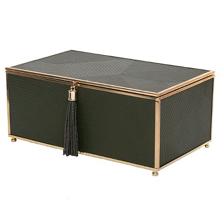 CAIXA METAL DECORATIVA VERDE/DOURADO 28x17x12cm