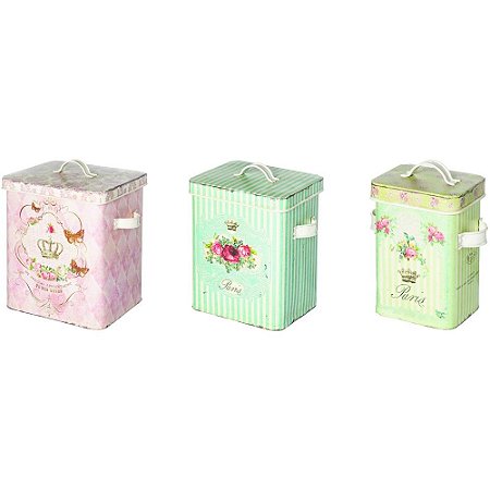 LATAS METAL SET C/3 PCS PARIS FLOWERS QUADRADAS TAMPA C/ ALC
