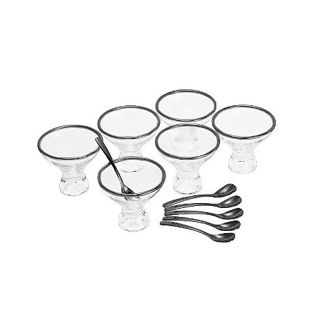 CJ 6 TAÇAS DE CRISTAL P/SOBREMESA C/6 COLHERES BLACK VEGA