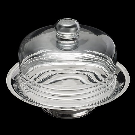 PRATO P/QUEIJO C/PÉ DE PRATA E TAMPA DE VIDRO ELEGANCE 19CM