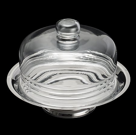 PRATO P/QUEIJO C/PÉ DE PRATA E TAMPA DE VIDRO ELEGANCE 23CM