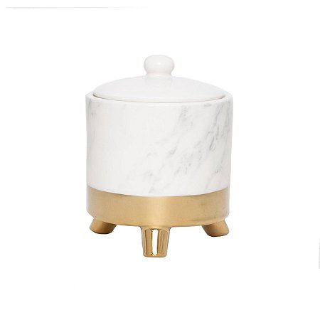 POTICHE DECORATIVO PORCELANA MARBLE BRANCO/DOURADO 10x12cm