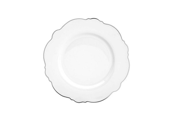 CJ 6 PRATOS DE PORCELANA P/SOBREMESA FIO DE PRATA BRANCO 21cm