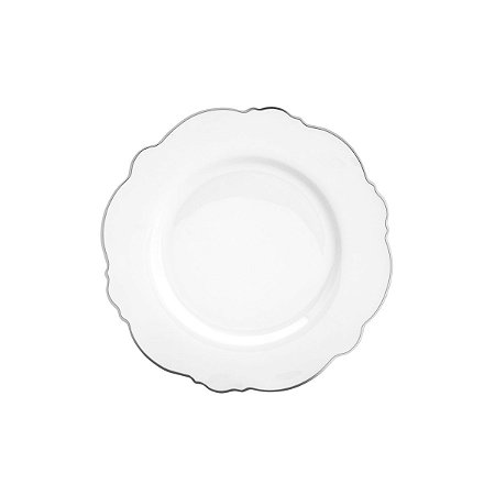 CJ 6 PRATOS RASOS DE PORCELANA FIO DE PRATA BRANCO 28cm