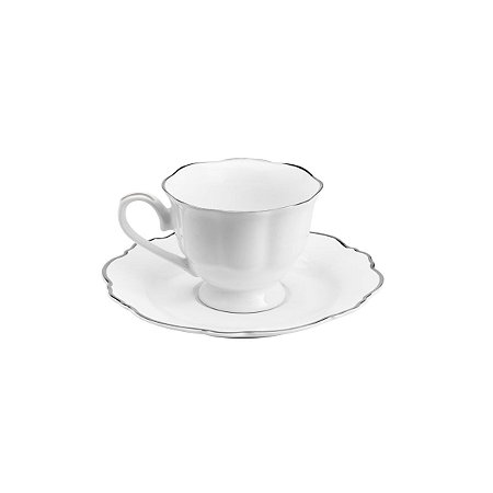 CJ 6 XÍCARAS DE PORCELANA P/CAFÉ C/PIRES FIO DE PRATA BRANCO 80ml
