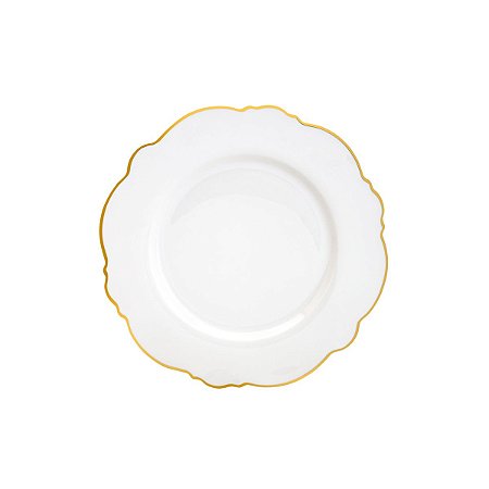 CJ 6 PRATOS RASOS DE PORCELANA FIO DOURADO BRANCO 28cm