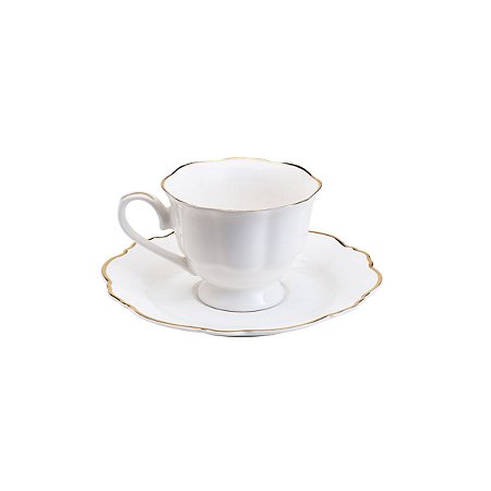 CJ 6 XÍCARAS DE PORCELANA P/CAFÉ C/PIRES FIO DOURADO BRANCO 80ml