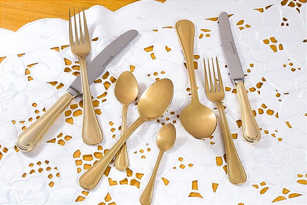 FAQUEIRO 130PC PVD DOURADO GENEVE COM C/ESTOJO DE MADEIRA