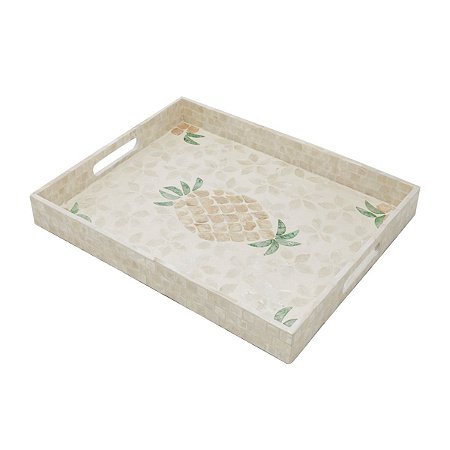 BANDEJA DE MADEIRA C/MADREPEROLA ABACAXI BEGE 42X34X50cm