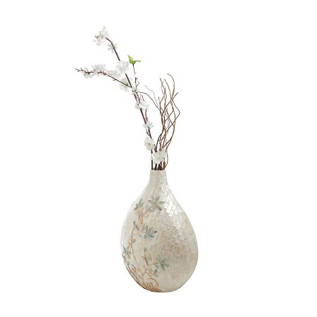 VASO DE PAPEL MACHE C/MADREPEROLA RAMOS BEGE 30X20X43cm