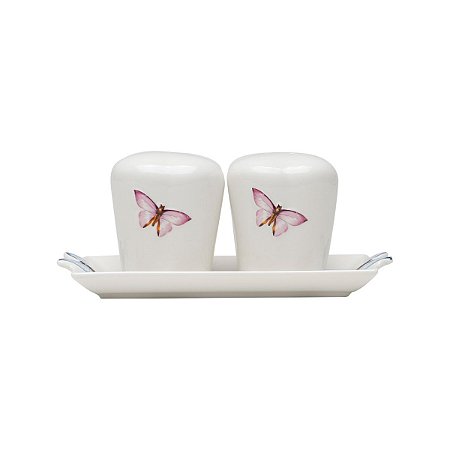 JOGO SALEIRO E PIMENTEIRO DE PORCELANA COM BANDEJA BORBOLETA