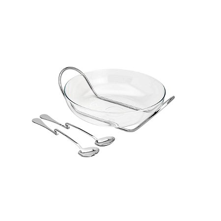 SALADEIRA VIDRO C/ALÇA E TALHERES DE PRATA GENOVA 42X35X13CM