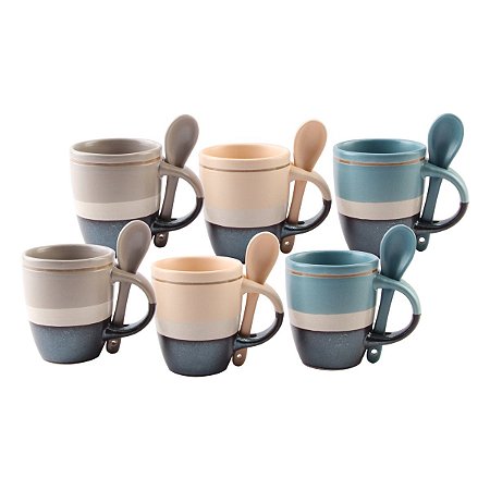 CJ 6 XÍCARAS DE PORCELANA C/COLHER RIBBON COLORIDA 100ML