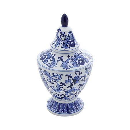 POTICHE ORNAMENTAL DE PORCELANA C/ TAMPA AZUL E BRANCO PERSA