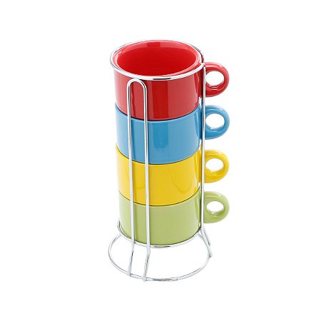 CJ. 4 XÍCARAS DE CHÁ DE PORCELANA 200ml COLORIDO C/ SUPORTE