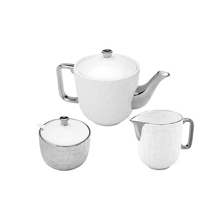 CJ 3 PC DE PORCELANA P/CHÁ C/AÇUCAREIRO BULE 900ml E LEITERA 300ml VERA SILVER