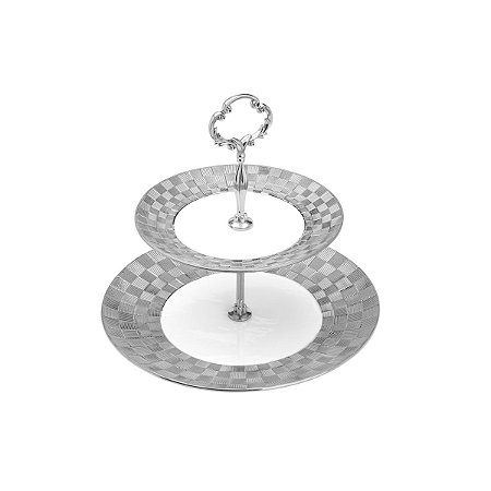 PORTA DOCES DUPLO DE PORCELANA VERA SILVER 26,5X3cm