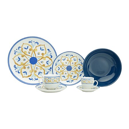 AP DE JANTAR 42 PCS DE PORCELANA SUPER WHITE MAYOLICA BLUE