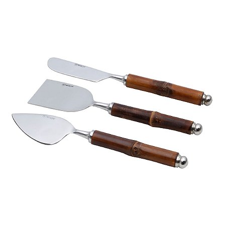 CJ. 3 PCS P/ QUEIJO DE AÇO INOX CABO DE BAMBOO ESCURO