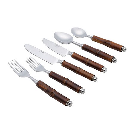 CJ. 6 PCS CUTELARIA DE AÇO INOX CABO DE BAMBOO ESCURO