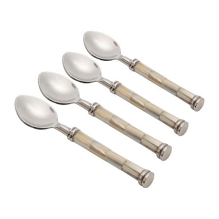 CJ. 4 PCS COLHERES DE AÇO INOX CABO DE MADRE PÉROLA CLARA