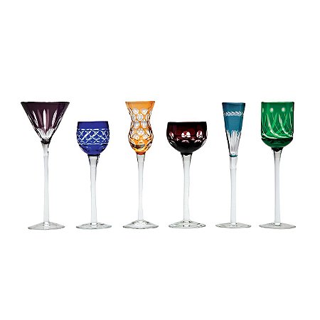 JG. 6 TAÇAS DE VIDRO SODO-CALCICO LAPIDADAS P/ LICOR 150ML