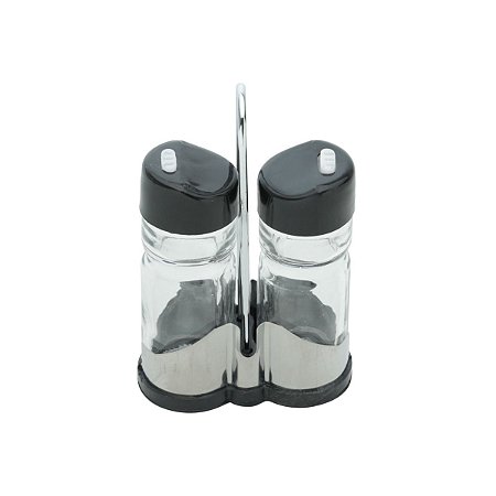 CJ 3 PC SALEIRO E PIMENTEIRO DE VIDRO C/TAMPA DE PLÁSTICO E SUPORTE DOANTELLO 8X4X12,5cm