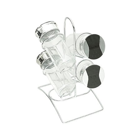 CJ 5 PC P/TEMPERO DE VIDRO C/TAMPA DE PLÁSTICO E SUPORTE DE METAL TINNO 14x10x20cm