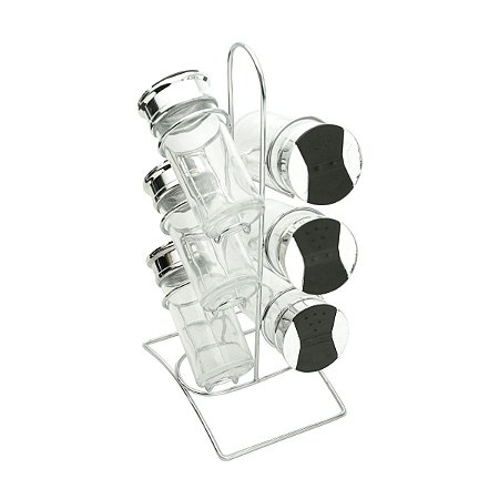 CJ 7 PC P/TEMPERO DE VIDRO C/TAMPA DE PLÁSTICO E SUPORTE DE METAL TINNO 14x10x29cm