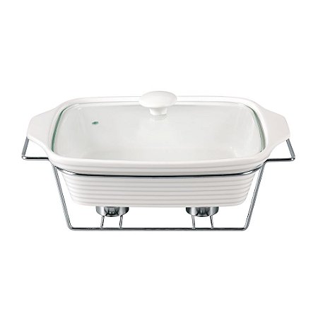 RECHAUD DE PORCELANA C/ TAMPA E ARAMADO 29CM BRANCO CANELADO