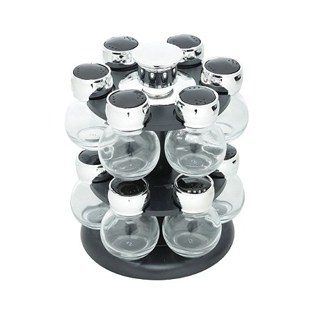 CJ 13 PC P/TEMPERO DE VIDRO BOROSILICATO C/TAMPA DE PLÁSTICO E BASE GIRATÓRIA PRETO POLI 17X23cm