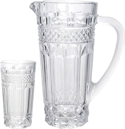 CJ 7 PCS DE VIDRO 6 COPOS 215ml l E JARRA 1l BRAND TRANSPARENTE