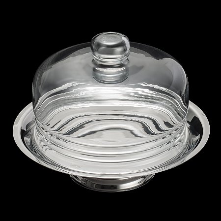 PRATO P/QUEIJO C/PÉ DE AÇO INOX E TAMPA DE VIDRO ELEGANCE
