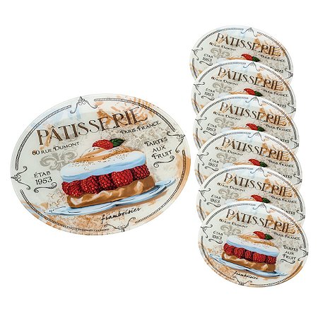 CJ 7 PCS P/SOBREMESA DE VIDRO 1 PRATO 30cm 6 PRATOS 17cm PATISSERIE COLORIDO