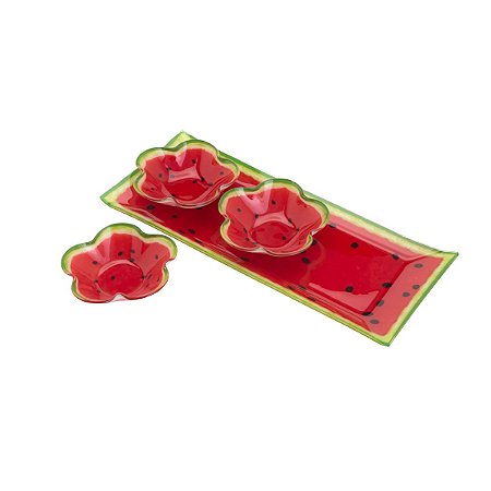 CJ 4 PCS 1 TRAVESSA E 3 BOWLS DE VIDRO MELANCIA VERMELHO 38X15cm/11,5cm