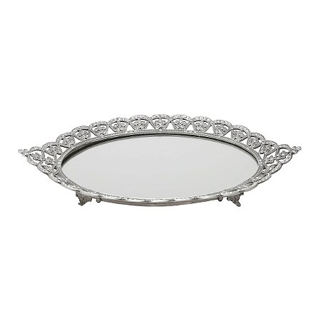 BANDEJA DE ZAMAC C/ ALÇA C/ FUNDO ESPELHADO OVAL 33X20,5X4