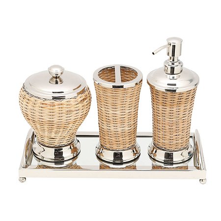 JG 4PC P/BANHEIRO DE AÇO INOX C/VIDRO E RATTAN