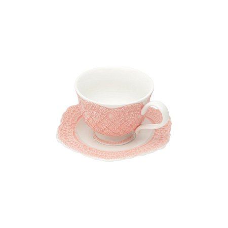 CJ 6 PC XÍCARA DE CHÁ C/PÍRES DE PORCELANA GIVEMY ROSA CLARO
