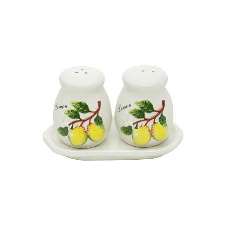 CJ 3 PCS DE CERÂMICA SALEIRO E PIMENTEIRO C/BANDEJA LEMONS 13,5X7X8cm