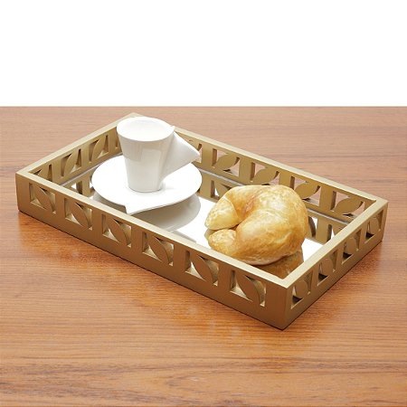 BANDEJA DE MADEIRA LAQUEADA C/ESPELHO OURO VELHO 47X34X4,5cm