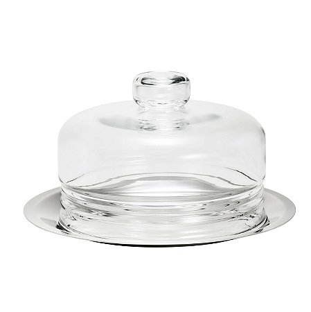 PRATO P/QUEIJO DE AÇO INOX C/TAMPA DE VIDRO ELEGANCE 23CM