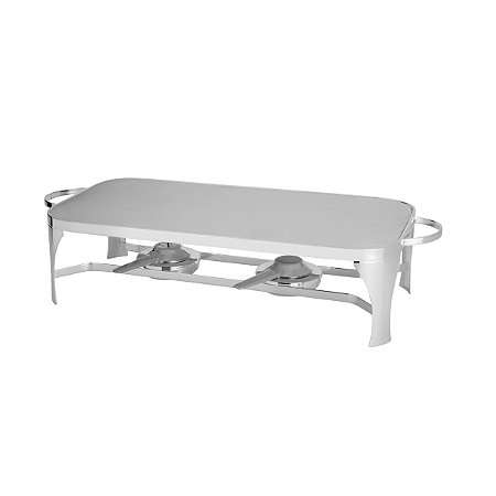 RECHAUD RETÂNGULAR AÇO INOX C/2 QUEIMADORES E CHAPA REFRATÁRIA 50X25,5cm