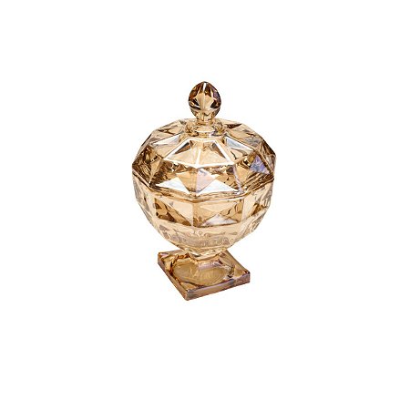 BOMBONIERE DE CRISTAL C/PÉ E TAMPA DIAMANT AMBER 17,5X24CM