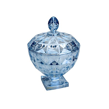 BOMBONIERE DE CRISTAL C/PÉ E TAMPA DIAMANT AZUL 17,5X24CM