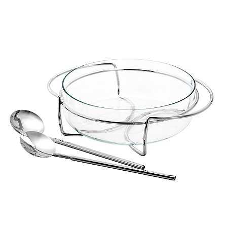 SALADEIRA DE VIDRO C/BASE E TALHERES DE AÇO INOX LYON 25CM