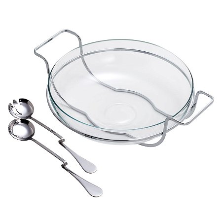 SALADEIRA DE VIDRO C/BASE E TALHERES DE AÇO INOX LILLE 35CM