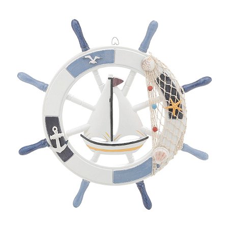 TIMÃO DE MADEIRA DECORATIVO COM BARCO DECORADO EM RESINA